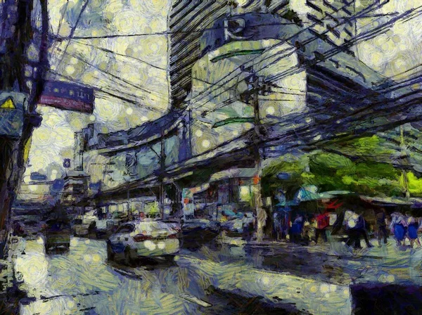 Bangkok 'un ve halkının manzarası Illustrations, empresyonist bir resim tarzı yaratıyor..