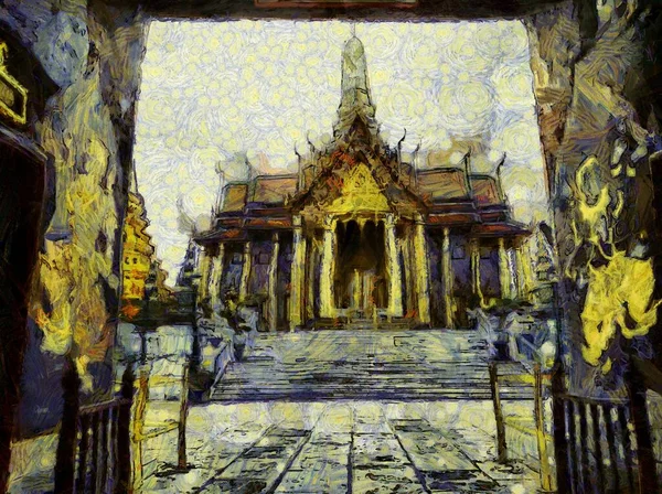 Zümrüt Buda 'nın Wat Phra Kaew Tapınağı, Tayland İllüstrasyonlarının simgesi, empresyonist bir resim stili yaratır..