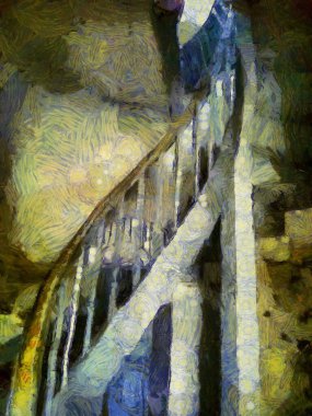 Eski ahşap sarmal merdiven resimleri resmin karınca stili izlenimini yaratıyor.