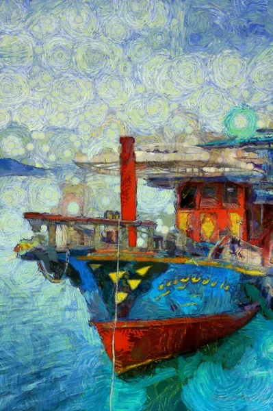Színes Halászhajók Illusztrációk Teremt Hangya Stílusú Impresszionis Festészet — Stock Fotó