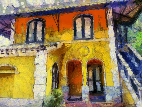 Arquitectura Gótica Ilustración Amarilla Antigua Casa Impresionante Hormiga Estilo Paintin —  Fotos de Stock