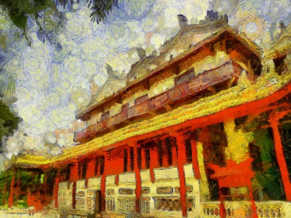 邸宅古代中国建築イラストは絵画のアリスタイルの印象を作成します — ストック写真