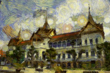 Zümrüt Buddha Tapınağı, Büyük Saray Bangkok Tayland İllüstrasyonları Empresyonist bir resim tarzı yaratıyor..