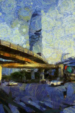 Bangkok şehir merkezi Illustrations 'ın manzarası empresyonist bir resim tarzı yaratıyor.