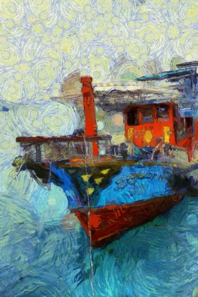 Colorful fishing boats Illustrations creates an impressionist style of painting.