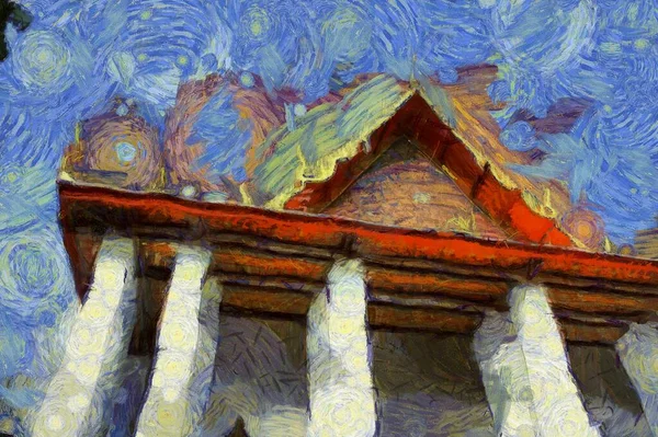 Ancient Thai Architecture Illustrations Creates Impressionist Style Painting — Stock Photo, Image