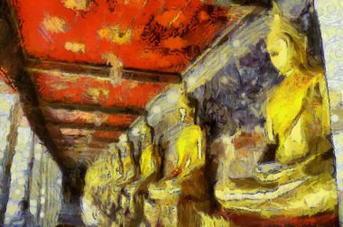 Bir sıra Buda heykeli Illustrations bir empresyonist resim stili yaratıyor.