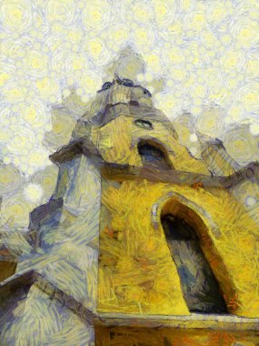 Gotik tarzdaki sarı kilise, çizimlerin izlenimci bir stilini yaratıyor..