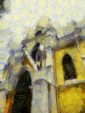 Gotik tarzdaki sarı kilise, çizimlerin izlenimci bir stilini yaratıyor..