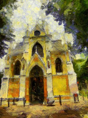 Gotik tarzdaki sarı kilise, çizimlerin izlenimci bir stilini yaratıyor..
