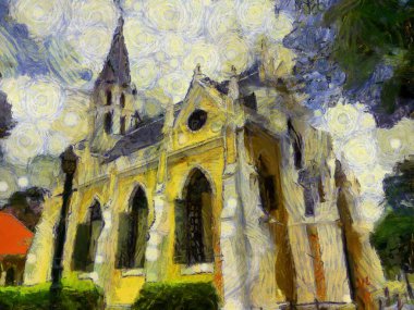 Gotik tarzdaki sarı kilise, çizimlerin izlenimci bir stilini yaratıyor..