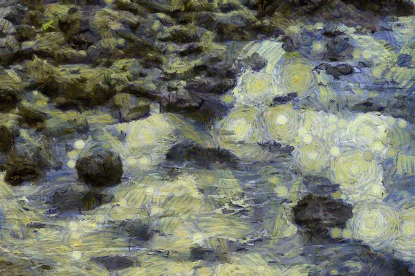The rocks on the seashore Illustrations creates an impressionist style of painting.