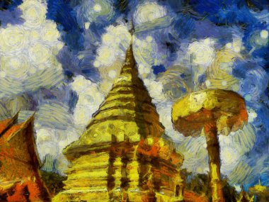 Wat Phra Doi Suthep Tapınağı İllüstrasyonları resmin karınca stili izlenimini yaratıyor..