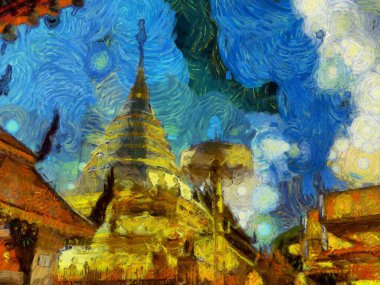 Wat Phra Doi Suthep Tapınağı İllüstrasyonları resmin karınca stili izlenimini yaratıyor..