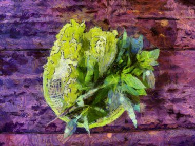 Koyu ahşap masadaki tabakta bulunan sebzeler resim yapmak için karınca stili izlenim yaratıyor..