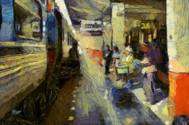 Tren istasyonunda duran bir tren istasyonu Illustrations resmin karınca stili taklidini yaratır.