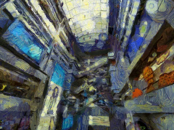 Alışveriş merkezinin iç kısmının manzarası resimlerin karınca stili izlenimini yaratıyor..