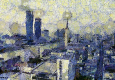 Bangkok şehir manzarası Illustrations bir empresyonist resim stili yarattı.