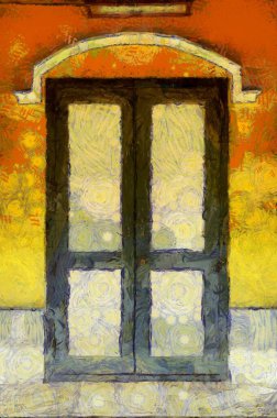 Antik ahşap kapılar ve parlak sarı bir binanın pencereleri Illustrations, empresyonist bir resim tarzı yaratıyor..