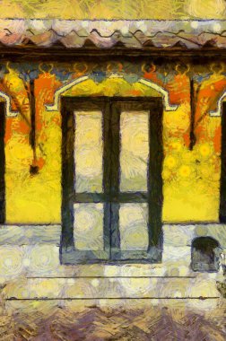 Antik ahşap kapılar ve parlak sarı bir binanın pencereleri Illustrations, empresyonist bir resim tarzı yaratıyor..