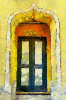 Antik ahşap kapılar ve parlak sarı bir binanın pencereleri Illustrations, empresyonist bir resim tarzı yaratıyor..