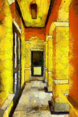 Antik ahşap kapılar ve parlak sarı bir binanın pencereleri Illustrations, empresyonist bir resim tarzı yaratıyor..