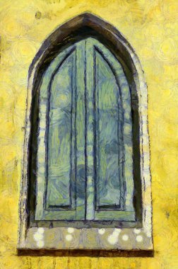 Antik ahşap kapılar ve parlak sarı bir binanın pencereleri Illustrations, empresyonist bir resim tarzı yaratıyor..