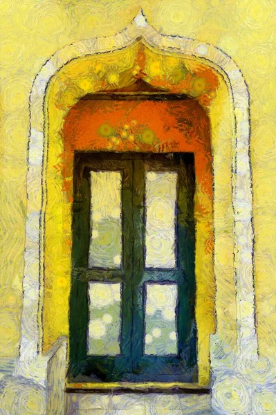 Antik ahşap kapılar ve parlak sarı bir binanın pencereleri Illustrations, empresyonist bir resim tarzı yaratıyor..