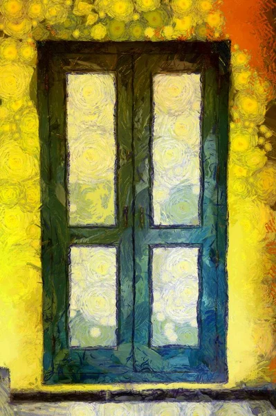 Starożytne Drewniane Drzwi Okna Jasnożółtego Budynku Ilustracje Tworzy Impresjonistyczny Styl — Zdjęcie stockowe