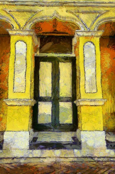 Antik ahşap kapılar ve parlak sarı bir binanın pencereleri Illustrations, empresyonist bir resim tarzı yaratıyor..