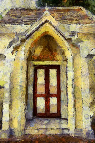 Antik ahşap kapılar ve parlak sarı bir binanın pencereleri Illustrations, empresyonist bir resim tarzı yaratıyor..