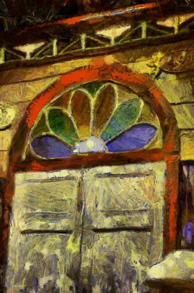Antique Wooden Windows Decorated Stained Glass Illustrations Creates Impressionist Style — Stock Photo, Image
