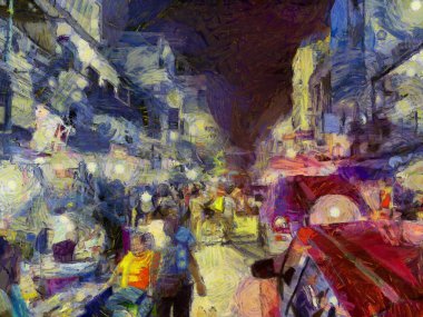 Bangkok gece piyasası Illustrations, empresyonist bir resim stili yarattı.