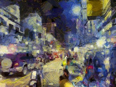 Bangkok gece piyasası Illustrations, empresyonist bir resim stili yarattı.