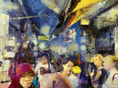 Bangkok gece piyasası Illustrations, empresyonist bir resim stili yarattı.