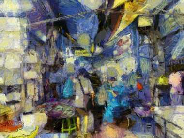 Bangkok gece piyasası Illustrations, empresyonist bir resim stili yarattı.