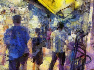 Bangkok gece piyasası Illustrations, empresyonist bir resim stili yarattı.