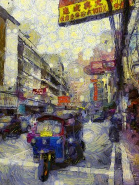 Yaowarat China Town, Bangkok Illustrations Empresyonist bir resim tarzı yarattı.