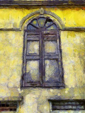 Avrupa mimarisi antik ahşap pencere çizimleri empresyonist bir resim tarzı yaratır.