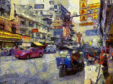 Yaowarat China Town, Bangkok Illustrations Empresyonist bir resim tarzı yarattı.