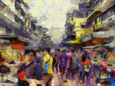 Yaowarat China Town, Bangkok Illustrations Empresyonist bir resim tarzı yarattı.