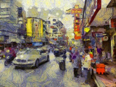 Yaowarat China Town, Bangkok Illustrations Empresyonist bir resim tarzı yarattı.