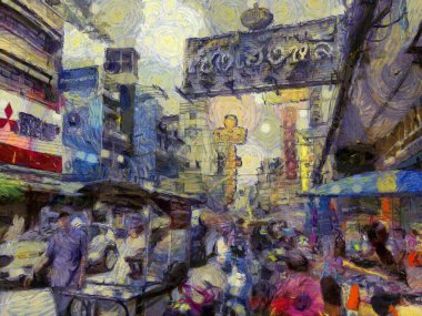 Yaowarat China Town, Bangkok Illustrations Empresyonist bir resim tarzı yarattı.