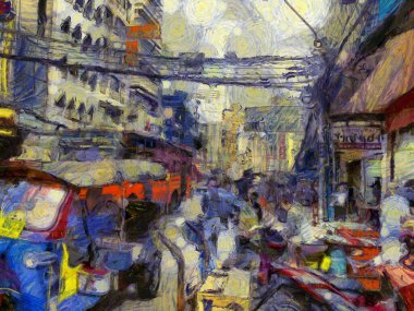 Yaowarat China Town, Bangkok Illustrations Empresyonist bir resim tarzı yarattı.