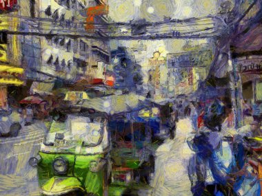 Yaowarat China Town, Bangkok Illustrations Empresyonist bir resim tarzı yarattı.