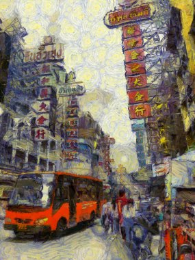 Yaowarat China Town, Bangkok Illustrations Empresyonist bir resim tarzı yarattı.
