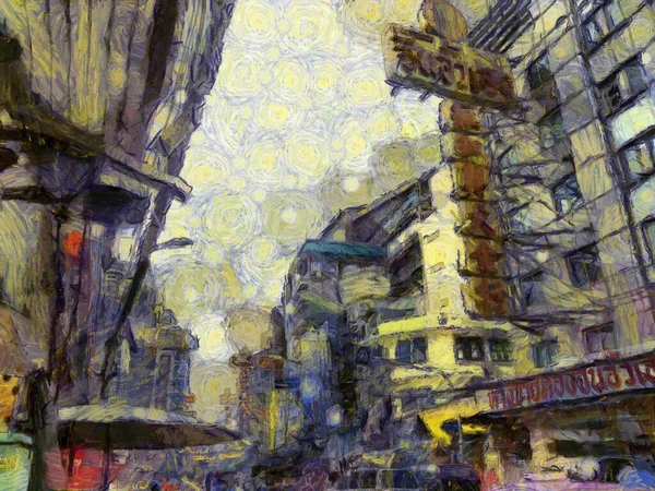 Yaowarat China Town, Bangkok Illustrations Empresyonist bir resim tarzı yarattı.