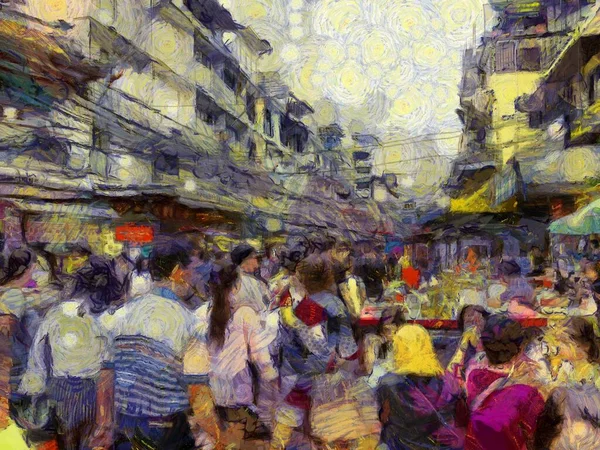 Yaowarat China Town Bangkok Illustrationer Skapar Impressionistisk Stil Måleri — Stockfoto