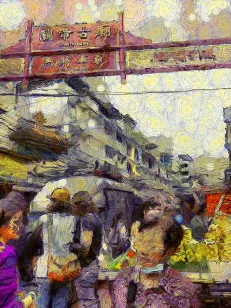 Yaowarat China Town Bangkok Ilustrações Cria Estilo Impressionista Pintura — Fotografia de Stock