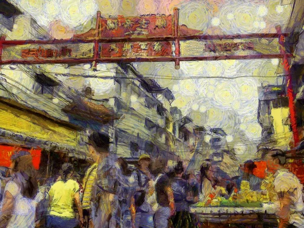 Yaowarat China Town Bangkok Illustrazioni Crea Uno Stile Impressionista Pittura — Foto Stock